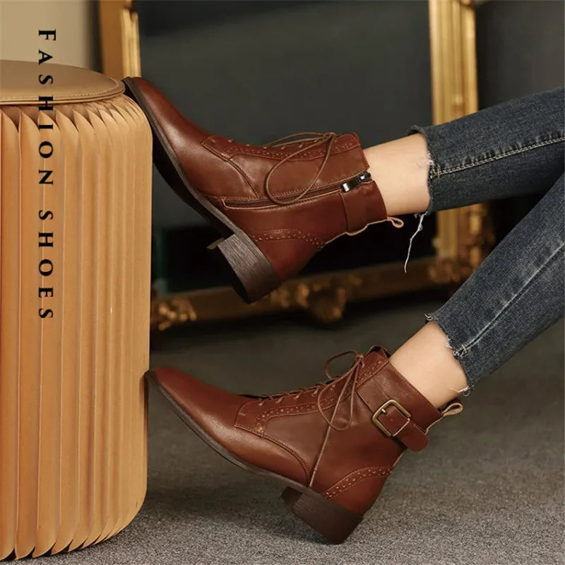 Women Winter Genuine Leather Ankle Boots Round Toe Women Boots with Zipper Lace Up Chunky Heel Wear-resistant Beef Tendon Bottom