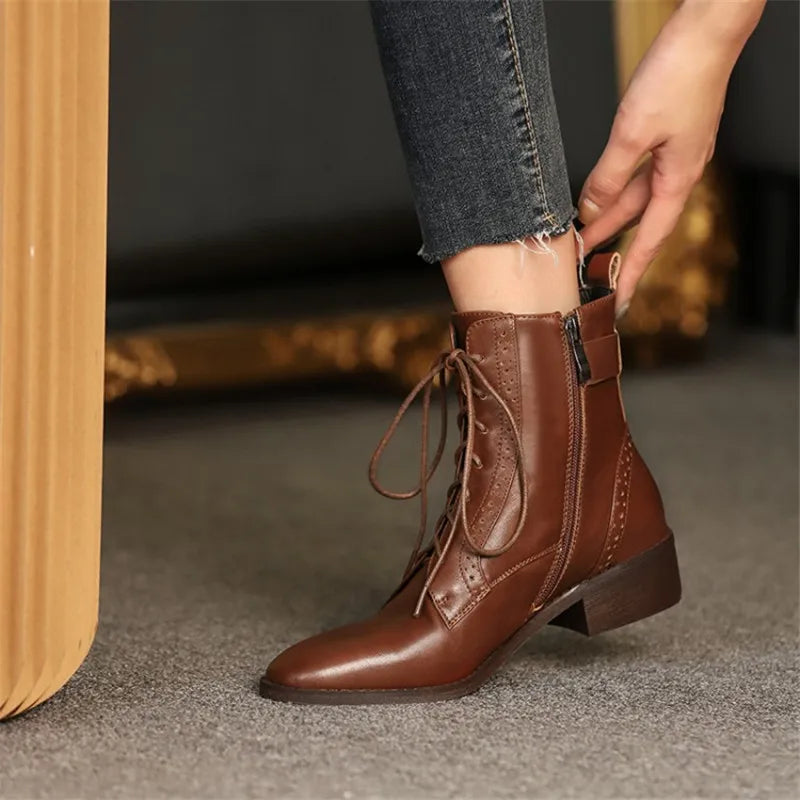 Women Winter Genuine Leather Ankle Boots Round Toe Women Boots with Zipper Lace Up Chunky Heel Wear-resistant Beef Tendon Bottom
